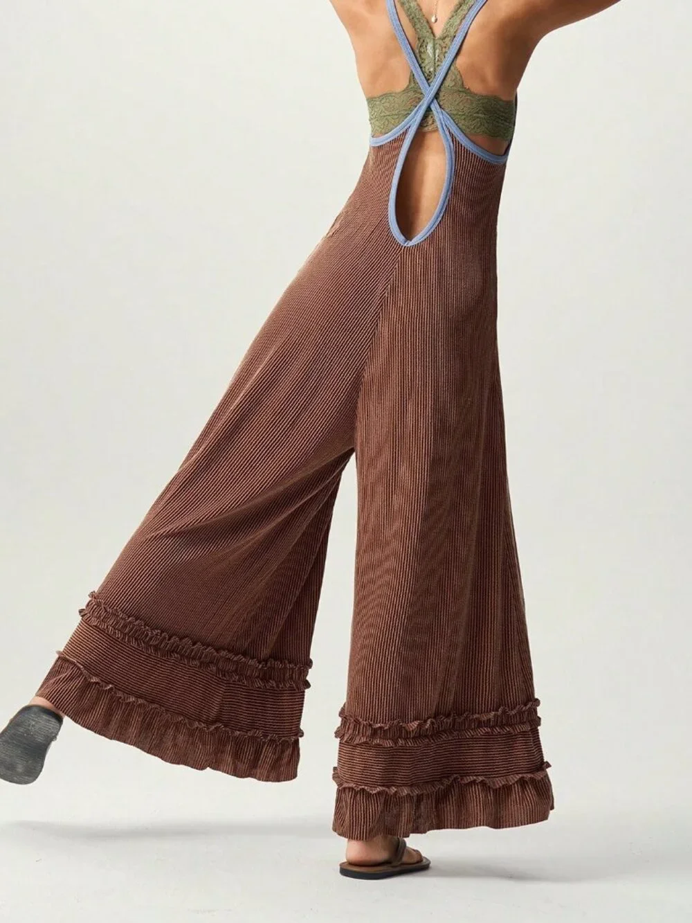 Chocolate Brown Sexy Women's Casual Knit Colorblock Jumpsuit